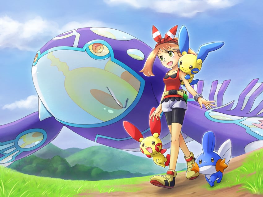 may, mudkip, kyogre, minun, plusle, and 1 more (pokemon and 1 more) drawn by wataame_(tulip)