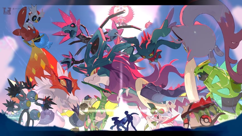 scream tail, iron valiant, flutter mane, slither wing, walking wake, and 12 more (pokemon and 1 more) drawn by e_volution