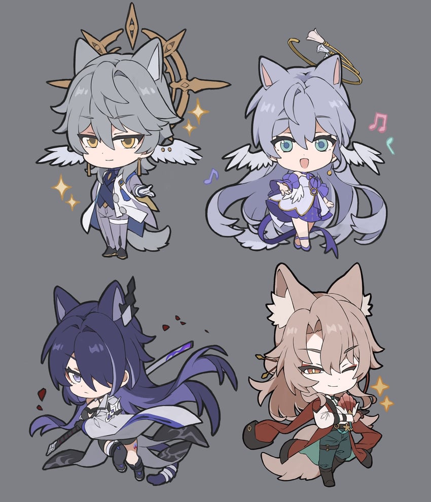acheron, robin, sunday, and jiaoqiu (honkai and 1 more) drawn by papajay_(jennygin2)
