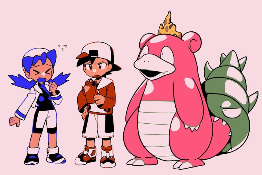 ethan, kris, and slowbro (pokemon and 1 more) drawn by tyako_089