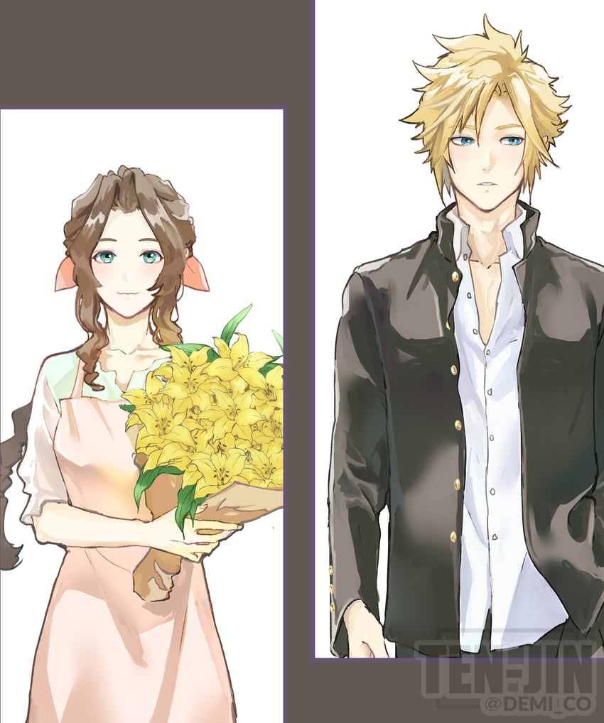 cloud strife and aerith gainsborough (final fantasy and 2 more) drawn by demi_co
