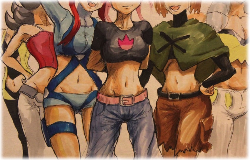 skyla, elesa, sabrina, flannery, gardenia, and 1 more (pokemon and 4 more) drawn by kaeru_boiler