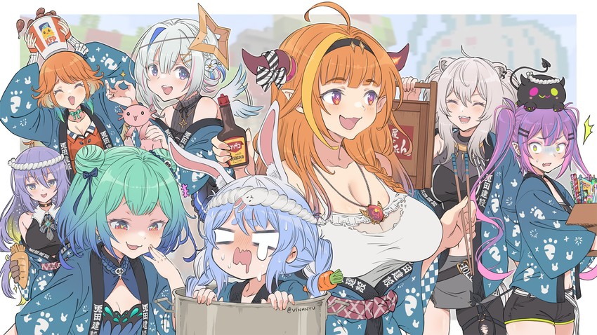 usada pekora, takanashi kiara, tokoyami towa, amane kanata, shirogane noel, and 6 more (hololive and 3 more) drawn by vinhnyu