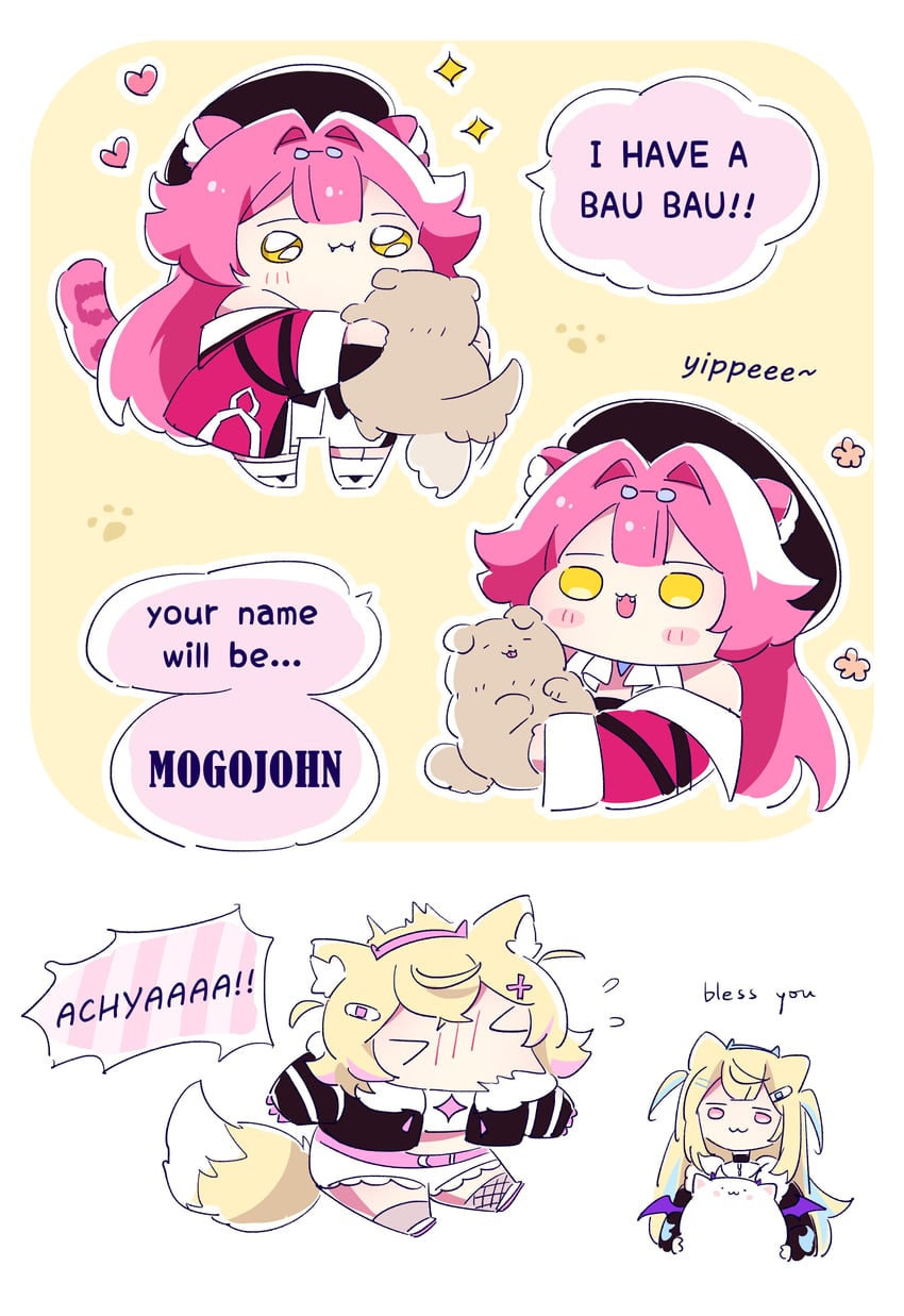 fuwawa abyssgard, mococo abyssgard, raora panthera, and perroccino (hololive and 1 more) drawn by makoto_shih