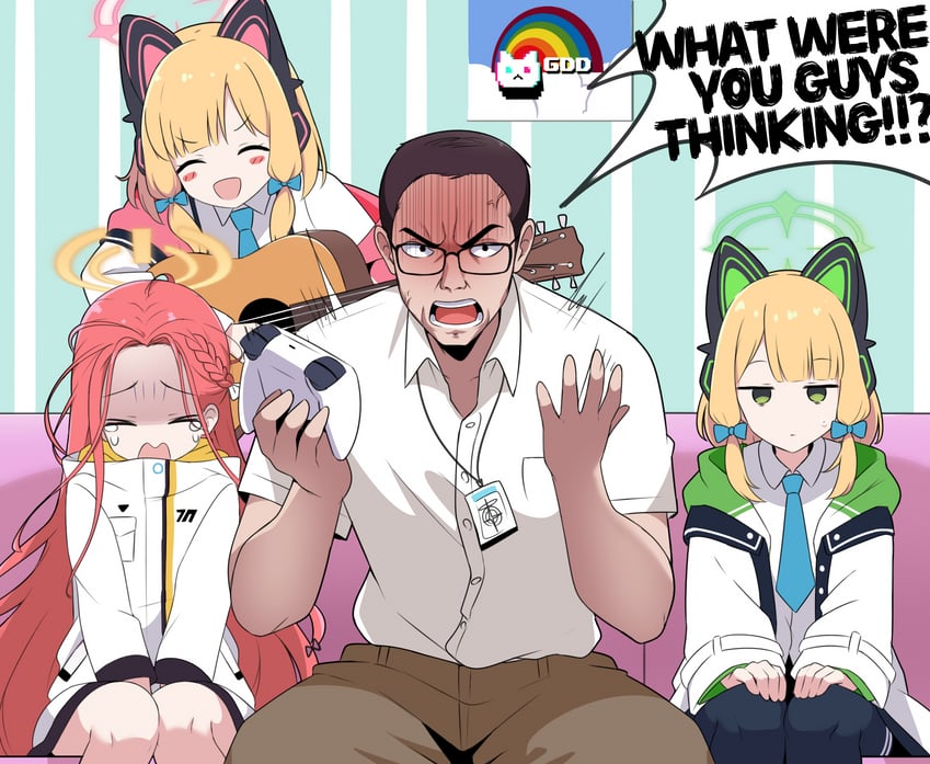 momoi, midori, yuzu, and james rolfe (blue archive and 2 more) drawn by amogan