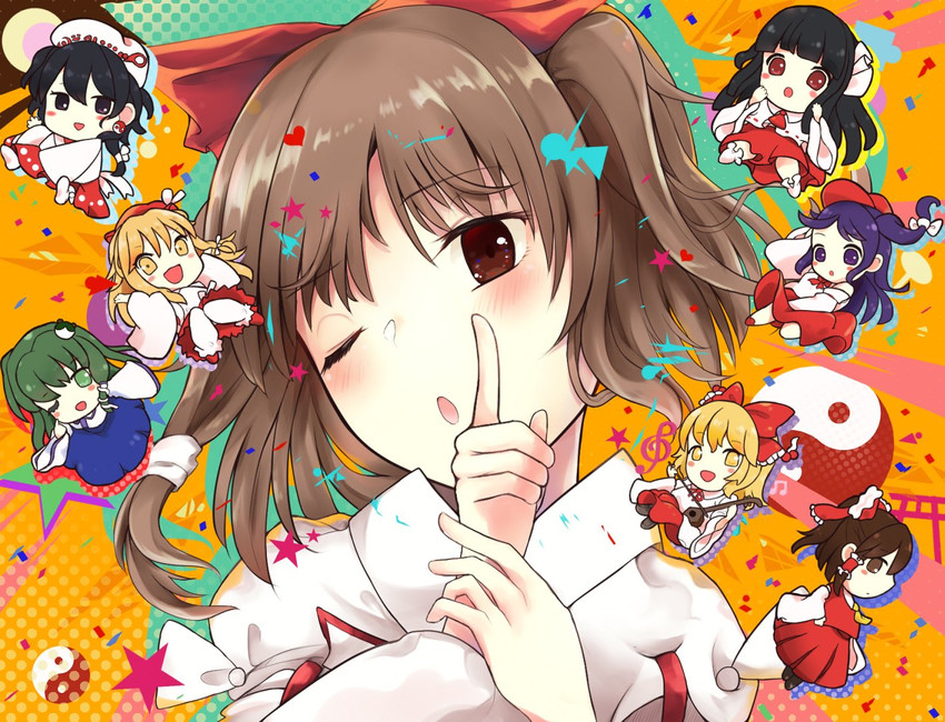 hakurei reimu, kochiya sanae, label girl, satsuki rin, girl who trained on mt. haku, and 3 more (touhou and 1 more) drawn by yata_zetta
