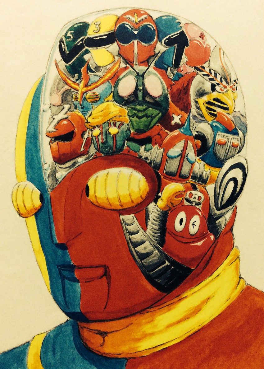 kamen rider 1, aka ranger, kikaider, ao ranger, kaiketsu zubat, and 9 more (kamen rider and 9 more) drawn by oumi_kankurou