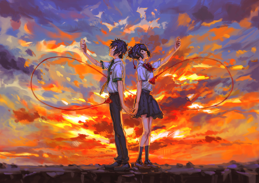 miyamizu mitsuha and tachibana taki (kimi no na wa.) drawn by reneelric