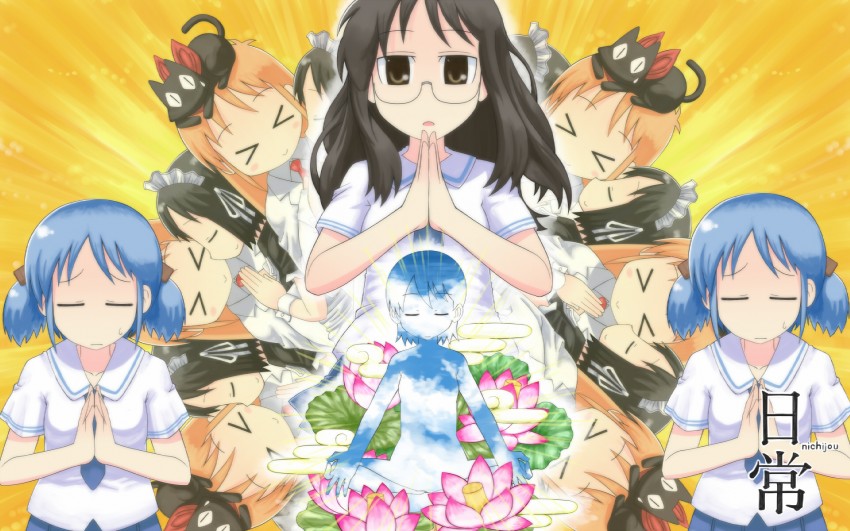 shinonome nano, naganohara mio, aioi yuuko, minakami mai, professor shinonome, and 1 more (nichijou) drawn by s_ibane