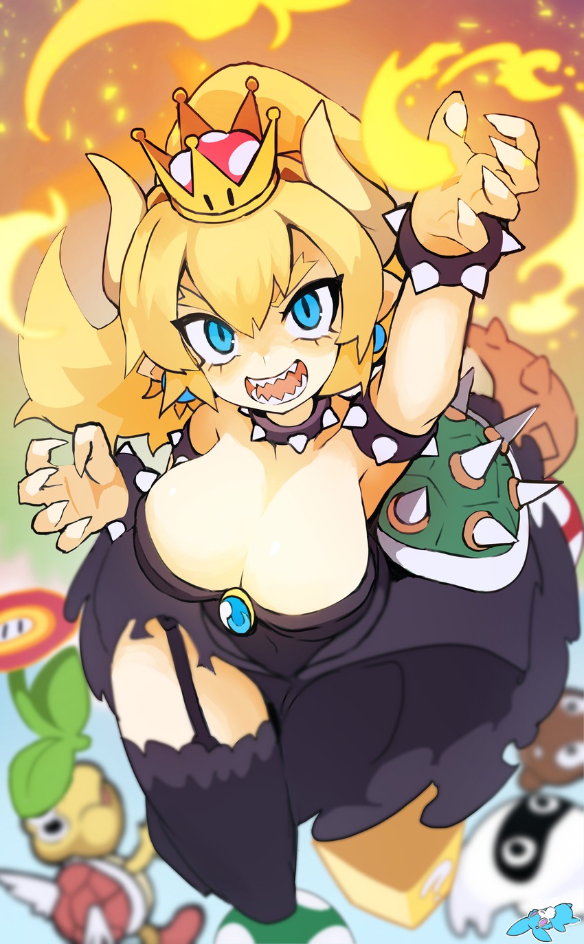 bowsette, goomba, blooper, and koopa paratroopa (mario and 1 more) drawn by rtari