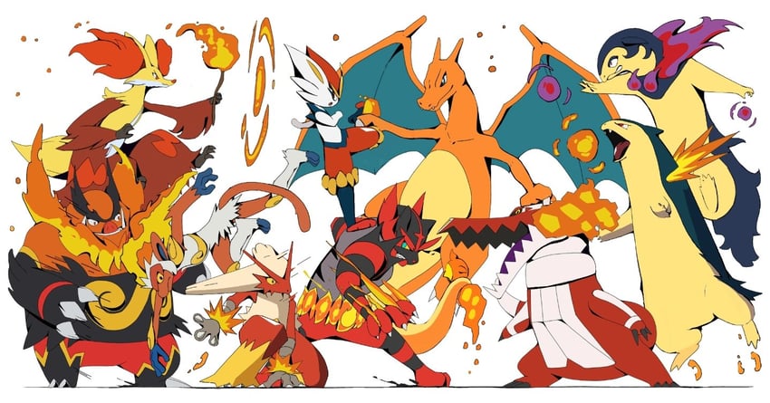 charizard, cinderace, blaziken, typhlosion, incineroar, and 5 more (pokemon) drawn by psaber97