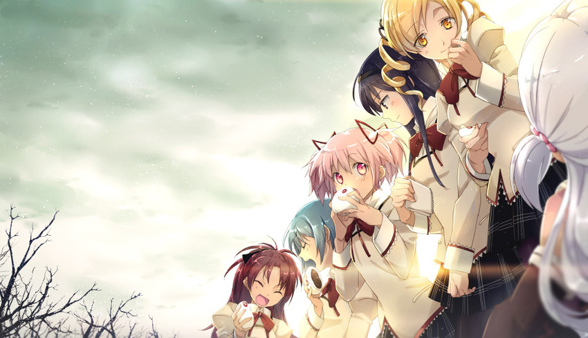 akemi homura, kaname madoka, miki sayaka, sakura kyoko, tomoe mami, and 1 more (mahou shoujo madoka magica and 1 more) drawn by echo_(circa)