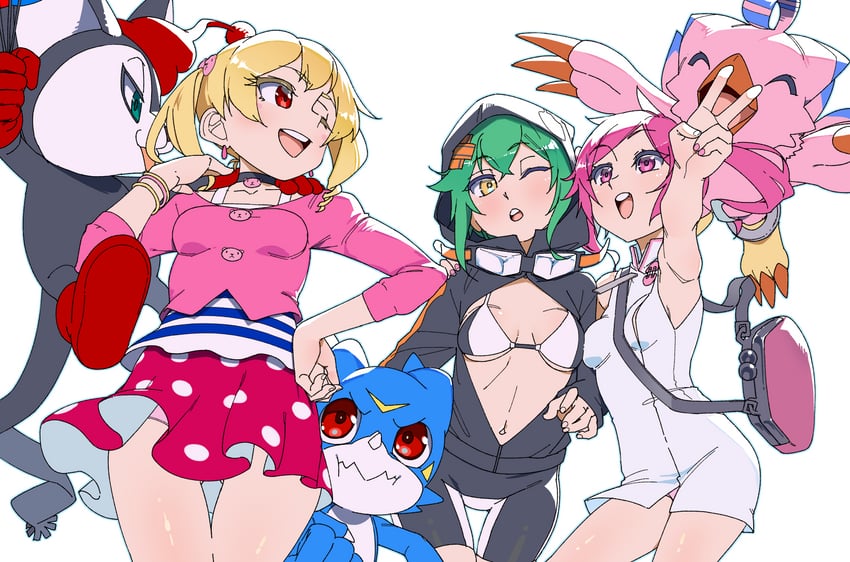 piyomon, v-mon, shinomiya rina, suzaki airu, rindou akiho, and 1 more (digimon and 3 more) drawn by riza23