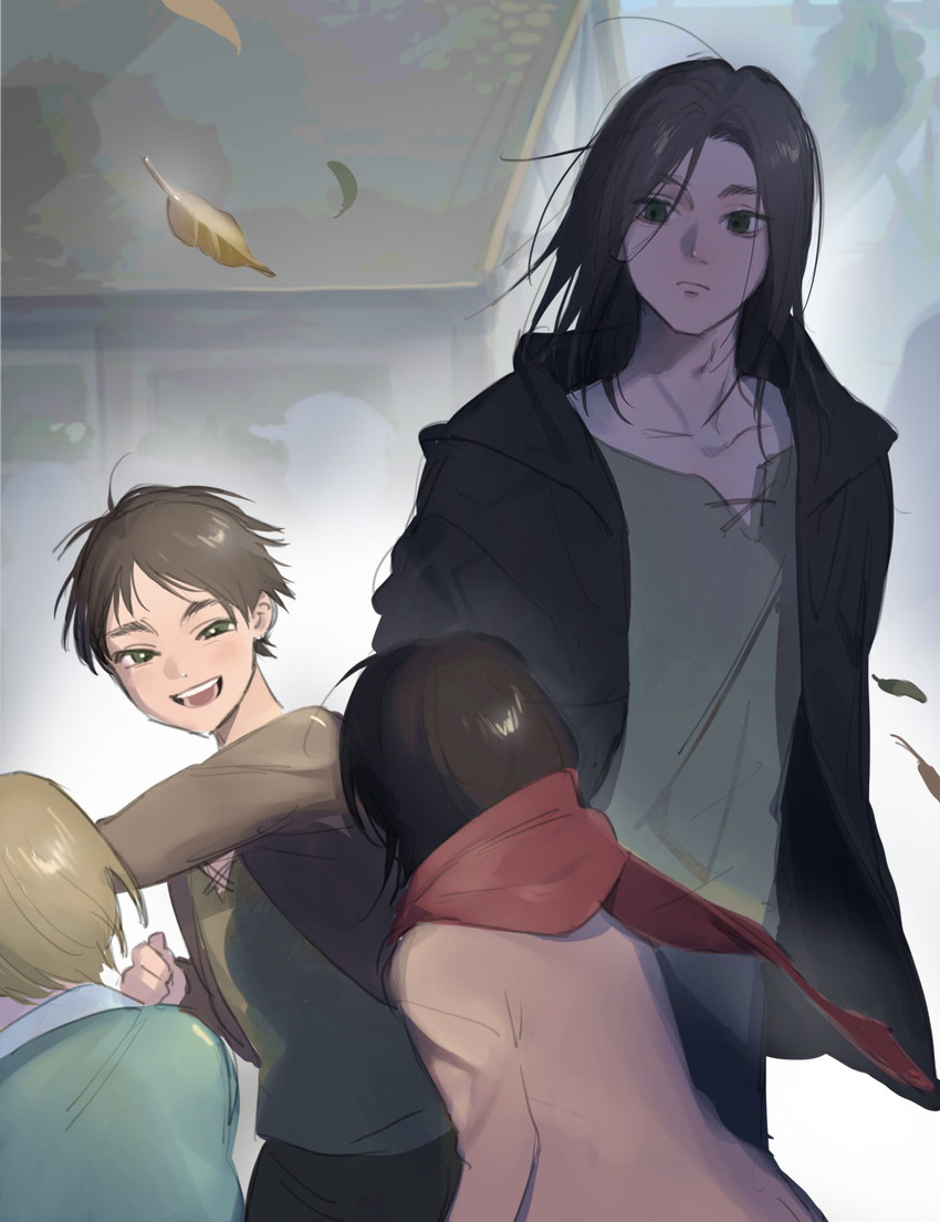 mikasa ackerman, eren yeager, and armin arlert (shingeki no kyojin) drawn by kushami_deso