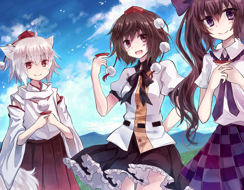 shameimaru aya, inubashiri momiji, and himekaidou hatate (touhou) drawn by miyakure