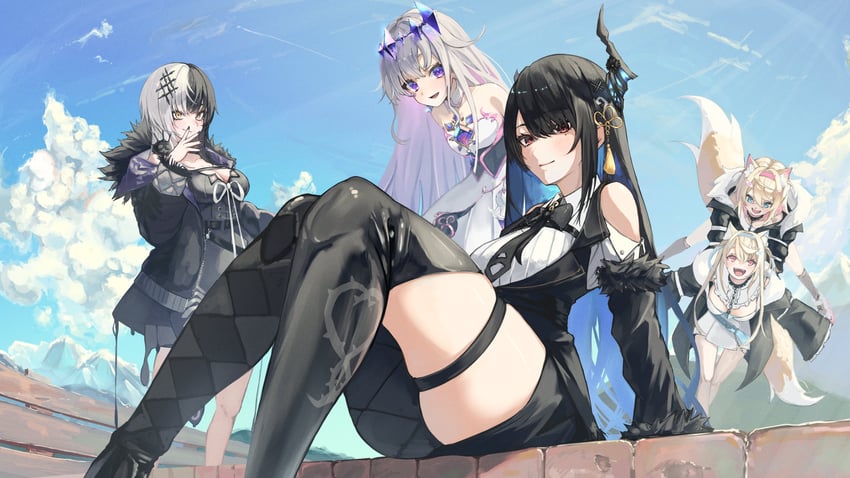 shiori novella, nerissa ravencroft, fuwawa abyssgard, mococo abyssgard, and koseki bijou (hololive and 1 more) drawn by 2ababa9