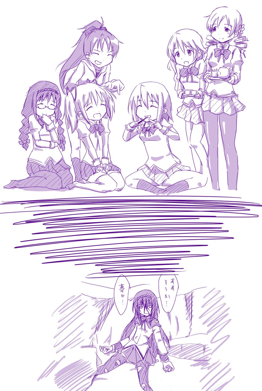 akemi homura, kaname madoka, miki sayaka, sakura kyoko, tomoe mami, and 1 more (mahou shoujo madoka magica) drawn by mizunoyu