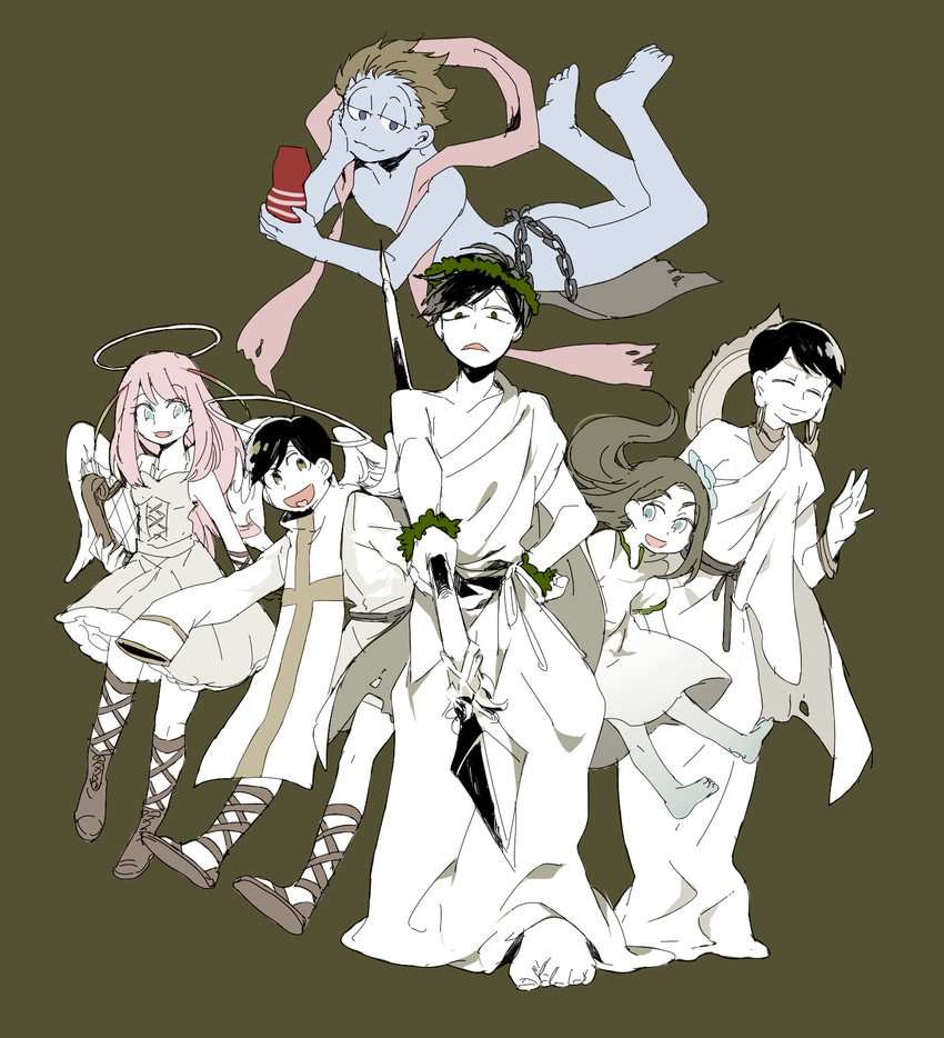 matsuno ichimatsu, matsuno jyushimatsu, matsuno choromatsu, hashimoto nyaa, flower fairy, and 1 more (osomatsu and 2 more) drawn by newo_(shinra-p)