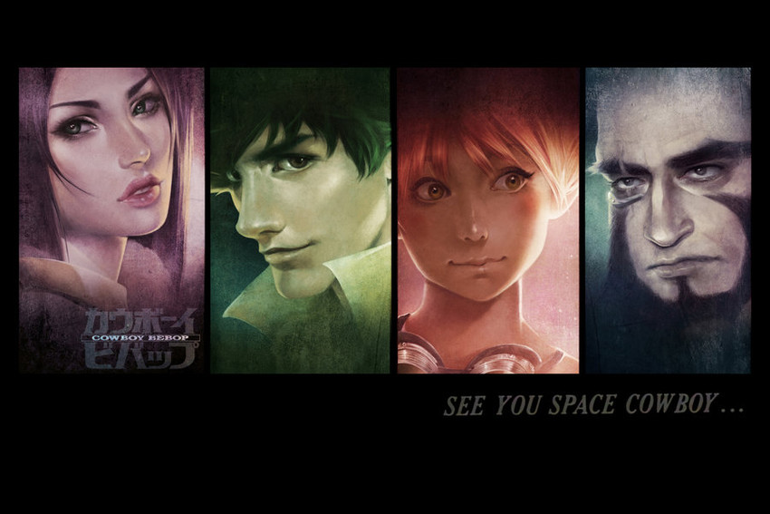 faye valentine, spike spiegel, edward wong hau pepelu tivrusky iv, and jet black (cowboy bebop) drawn by shilesque