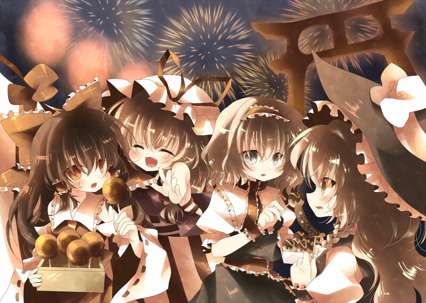 hakurei reimu, kirisame marisa, alice margatroid, and yakumo yukari (touhou) drawn by anju_(mocomocousagi)
