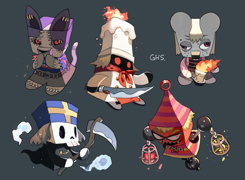 hell's chef, neko zombie, gregory, judgement boy, and death (gregory horror show) drawn by newo_(shinra-p)
