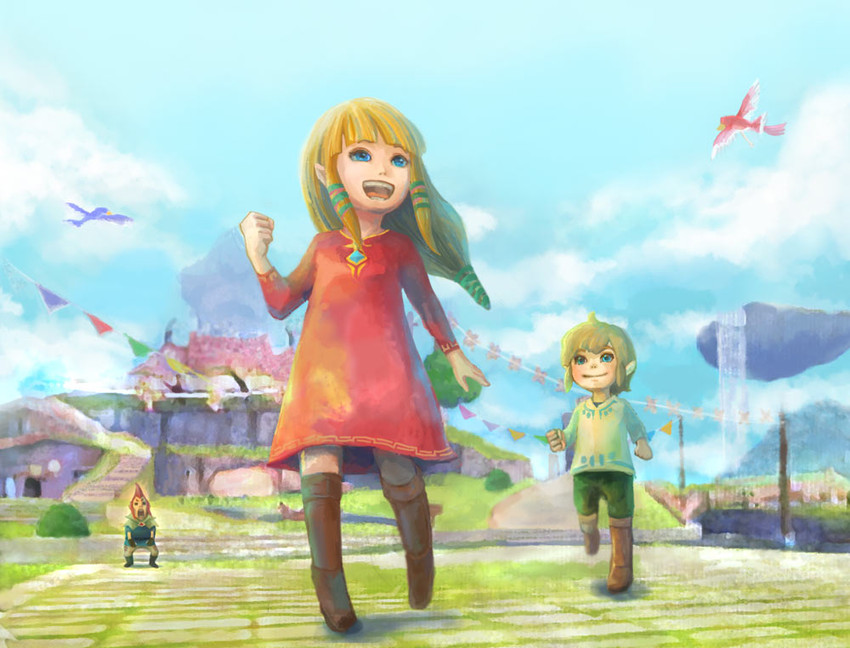 link, princess zelda, loftwing, and groose (the legend of zelda and 1 more) drawn by usamichan