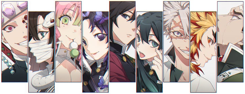 kochou shinobu, kanroji mitsuri, rengoku kyoujurou, tomioka giyuu, tokitou muichirou, and 5 more (kimetsu no yaiba) drawn by pig_ggul