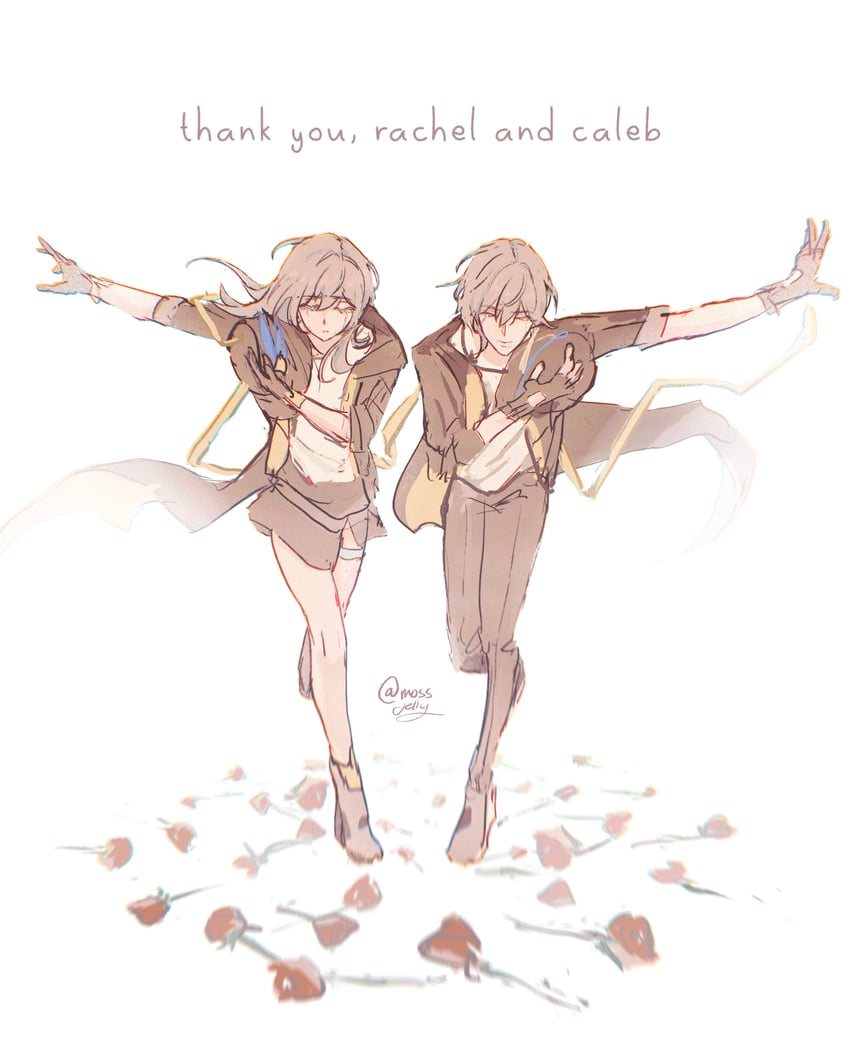 trailblazer, stelle, caelus, caleb yen, and rachael chau (honkai and 1 more) drawn by mossjelly