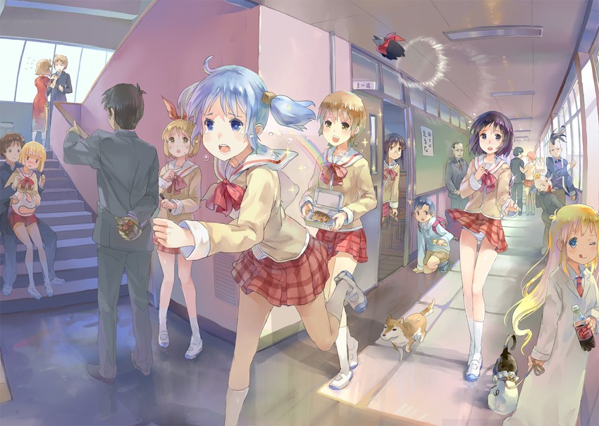 shinonome nano, naganohara mio, aioi yuuko, minakami mai, professor shinonome, and 17 more (nichijou) drawn by 77gl