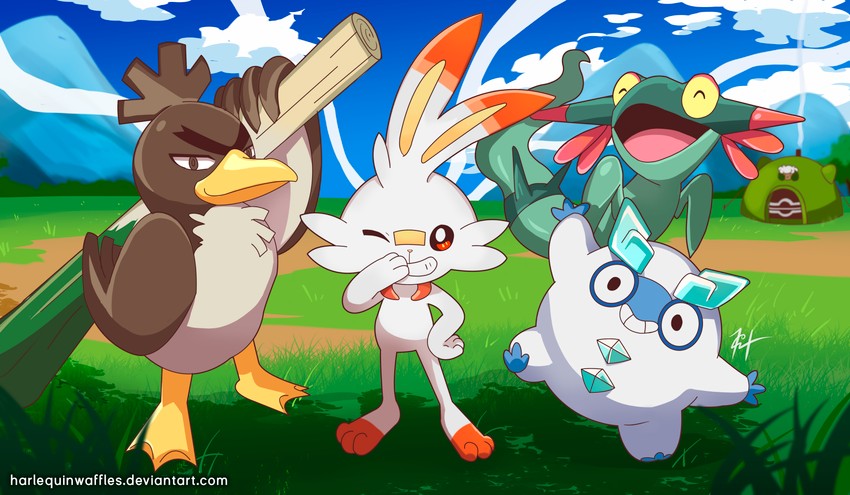 scorbunny, dreepy, galarian farfetch'd, and galarian darumaka (pokemon) drawn by harlequinwaffles