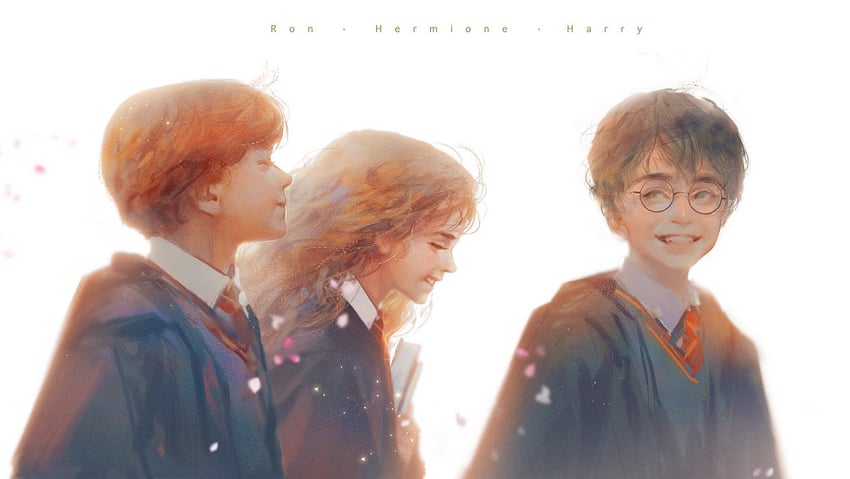 hermione granger, harry potter, ron weasley, emma watson, daniel radcliffe, and 1 more (wizarding world and 1 more) drawn by mian_lang