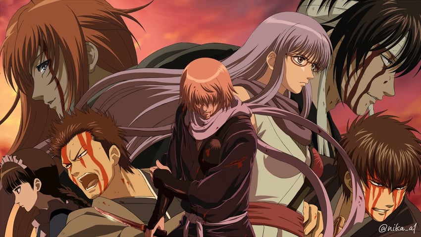 hijikata toushirou, takasugi shinsuke, kamui, sarutobi ayame, kondou isao, and 2 more (gintama) drawn by nika_a1