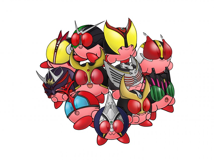 kirby, kamen rider kuuga, kamen rider decade, kamen rider double, kamen rider faiz, and 7 more (kirby and 12 more) drawn by yamagami_shuu