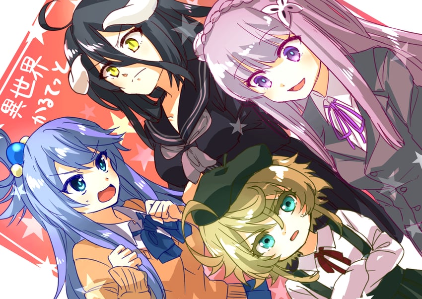 aqua, emilia, albedo, and tanya degurechaff (kono subarashii sekai ni shukufuku wo! and 5 more) drawn by poppu