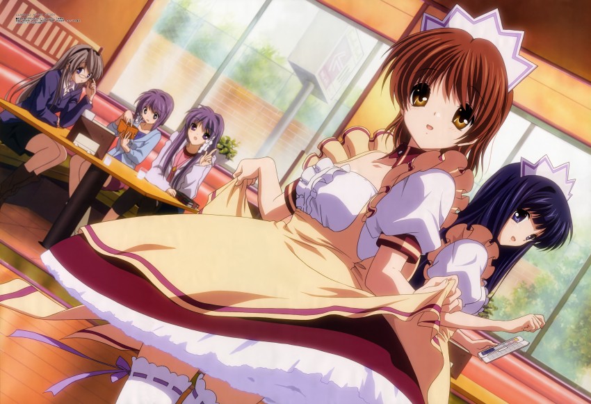 furukawa nagisa, fujibayashi kyou, sakagami tomoyo, fujibayashi ryou, and nishina rie (megami magazine and 1 more) drawn by ikeda_kazumi