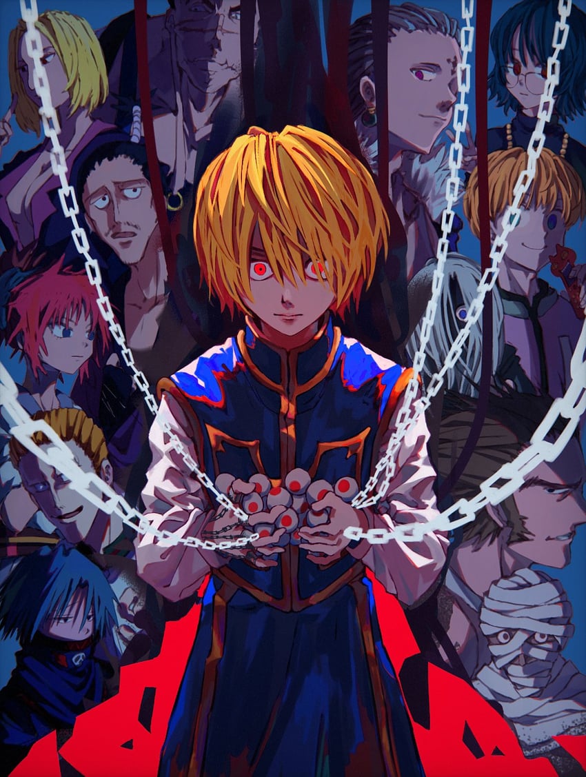 kurapika, chrollo lucilfer, shizuku murasaki, machi komacine, feitan portor, and 8 more (hunter x hunter) drawn by mikjjkhgf