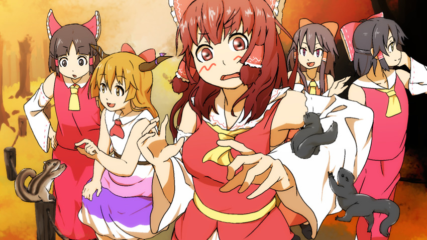 hakurei reimu, ibuki suika, benikurage, kanna, reu, and 2 more (touhou and 1 more) drawn by sagamiko