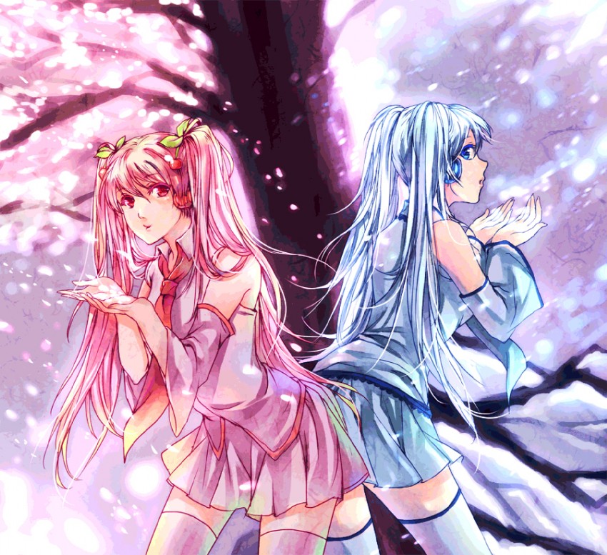 hatsune miku, yuki miku, and sakura miku (vocaloid) drawn by shinhwe