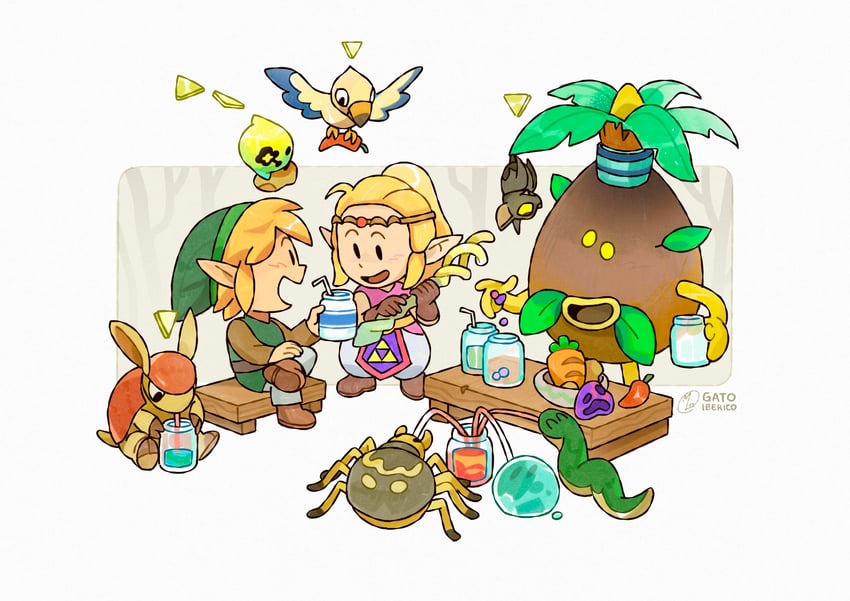 link, princess zelda, tri, keese, business scrub, and 2 more (the legend of zelda and 1 more) drawn by gatoiberico