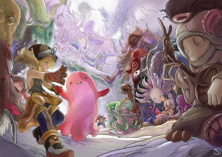 nanachi, reg, riko, mitty, meinya, and 11 more (made in abyss) drawn by tsukushi_akihito