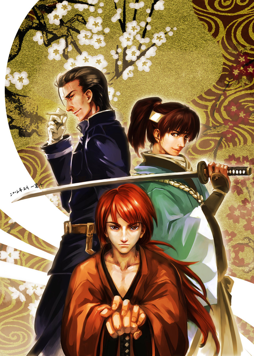 himura kenshin, saitou hajime, and okita souji (rurouni kenshin) drawn by geminibluedream