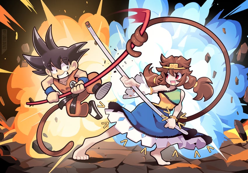 son goku and son biten (touhou and 1 more) drawn by loulou_vz