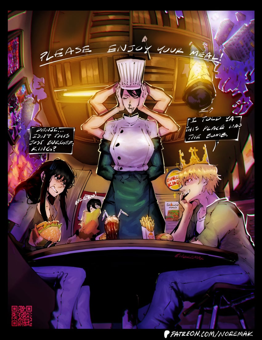 denji, reze, mitaka asa, and falling devil (chainsaw man) drawn by normak