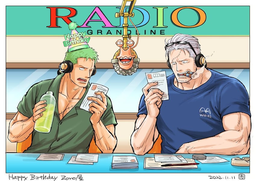 roronoa zoro, smoker, and den den mushi (one piece) drawn by kokorozashi