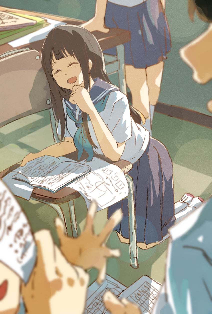 chitanda eru, oreki houtarou, ibara mayaka, and fukube satoshi (hyouka) drawn by fuyuhino