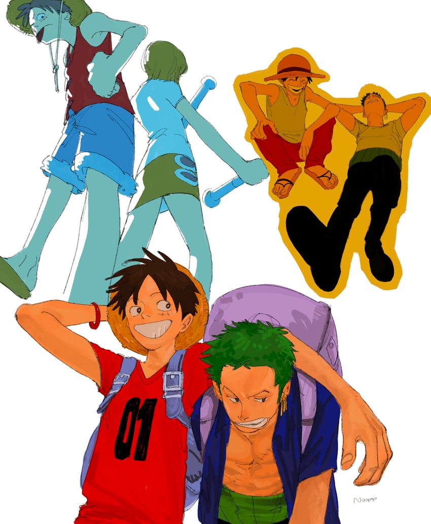nami, monkey d. luffy, and roronoa zoro (one piece) drawn by napp