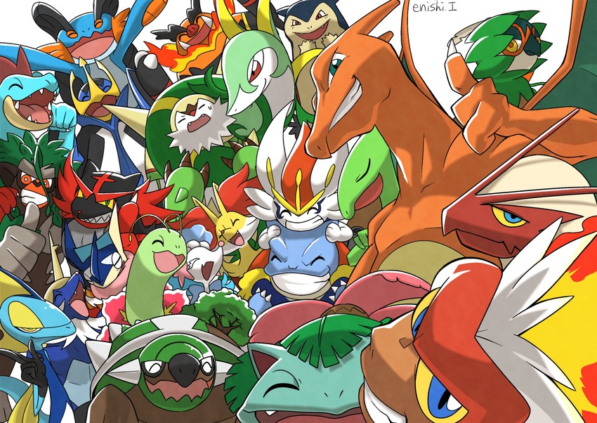 charizard, cinderace, venusaur, greninja, primarina, and 19 more (pokemon and 1 more) drawn by yukari_(yukari21653710)
