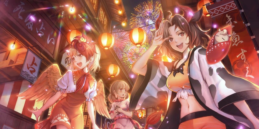 niwatari kutaka, ushizaki urumi, and ebisu eika (touhou and 1 more) drawn by shoichi_(ekakijin)