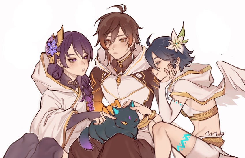 raiden shogun, xiao, venti, and zhongli (genshin impact) drawn by doupu41
