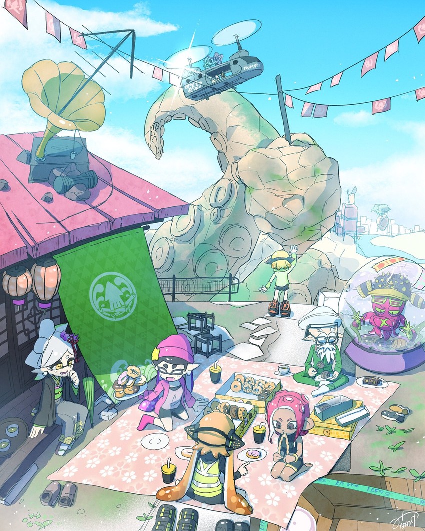 inkling player character, inkling girl, octoling player character, marina, pearl, and 7 more (splatoon and 2 more) drawn by minawake_(azuma-m)